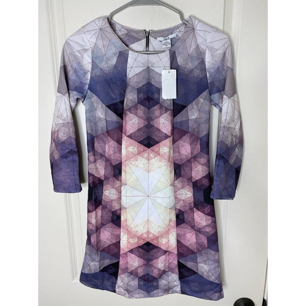 NWT Bar III Shift Dress Sz XS Stretch Colorful Geometric Purple White Artsy 3/4